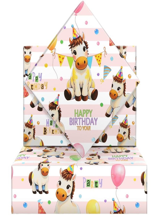 Geluode Horse Birthday Wrapping Paper, Safari Jungle Party Baby White Horse With Birthday Hat and Balloon Wrapping Paper - 6 Sheets Folded Flat 20x28Inches Gift Wrap for Girls Boys Kids Birthday Holiday - Image 1